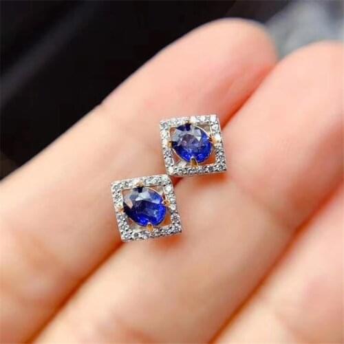 Simple Design Blue Sapphire Stud Earrings 4mm * 5 Mm Natural Silver Earrings Solid 925 Silver Gemstone Earring