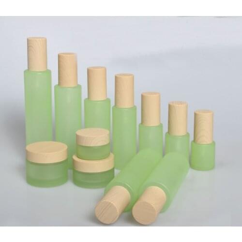 2/8pcs 20/30/50g Green Glass DIY Cream Jar Pot Set 20/30/40/60/80/100/120ml Empty Toner Sprayer/Lotion Press Pump Bottle ABS Cap