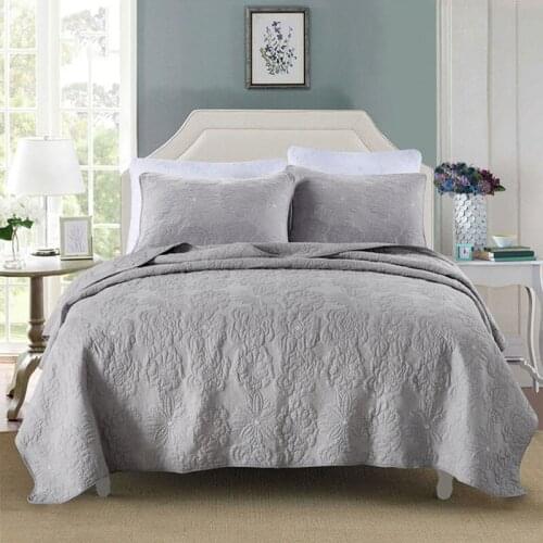 CHAUSUB Gray Cotton Quilt Set Soft Embroidery Bedspread Bed Cover Pillow Case King Queen Size 3-piece Quilted Bedding Coverlet
