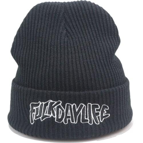 Dense Ribbed Black Knit Winter Beanies Mens Hat Popular Texts Caps for Women One Size Fits All