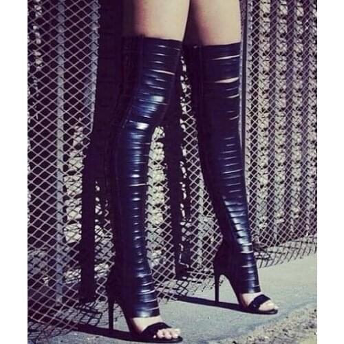 Sexy Open Toe Ladies High Heel Boots Bright Gold Leather Straps Women Over The Knee Boots Female Gladiator Boots Party Shoes