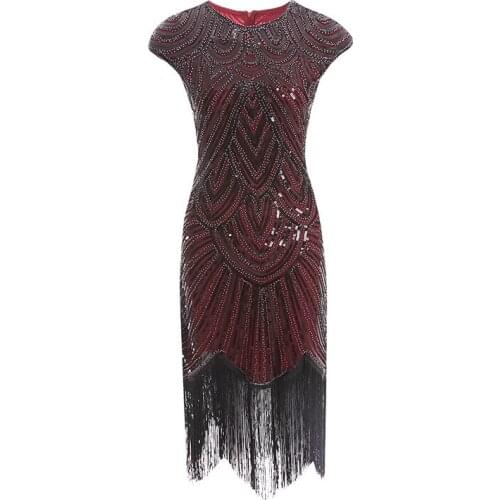 Plus Size XS-3XL Sequined 1920s Vintage Dress O Neck Beaded Tassels Slim Dress The Great Gatsby Party Dress Sexy Club Robe Dress