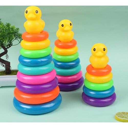 1Pc Childrens Little Yellow Duck Jenga Rainbow Tower Stacking Circle Baby Early Childhood Education Puzzle Ring Toy Kids Toys