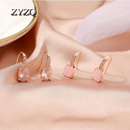 ZYZQ Simple Stylish Oval Pink CZ Women Ear Studs Elegant Female Accessories Brilliant Cubic Zirconia Earring Trendy Jewelry 2021