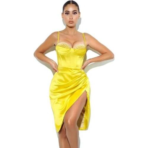 2021 Summer Sexy Spaghetti Strap Yellow White Diamonds Vintage Women Satin Dress Split Femme Party Robe Vestidos De Festa 70212