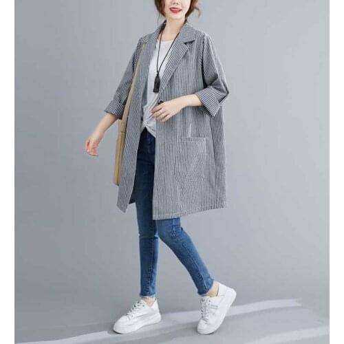 Oversized Loose Women Tailored Coats Turn-Down Collar Striped Long All Match Office Lady Outwear Blazers Tops