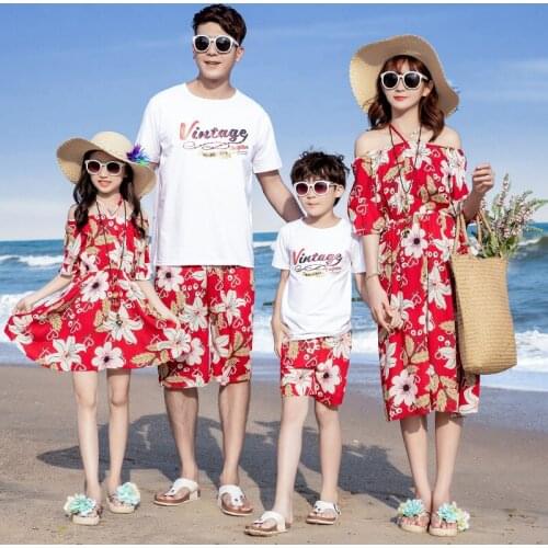 3-14T Summer Mother Daughter Dresses Family Matching Clothes Women Girl Beach Vestidos Family Daddy Son Shirts Pajamas Clothes