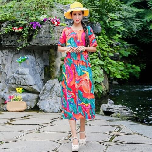 Women 2021 Spring Summer Fashion Printed Loose A-line Dress Female O-neck Printed Dresses Ladies Long Casual Vestidos T145