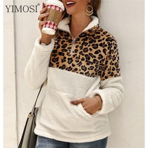 Winter Women Leopard Print Sweater 2019 Casual Fleece Warm Zipper Pullovers Lady Patchwork Fluffy Thick Office Sweaters Tops