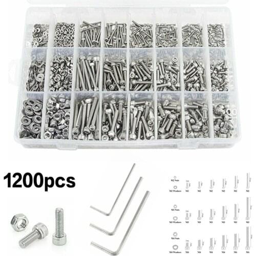 1200pcs/set M2 M3 M4 Stainless Steel Hex Screws Kit Screws Nuts & Washers Hex Socket Head Cap Hardware Accessories