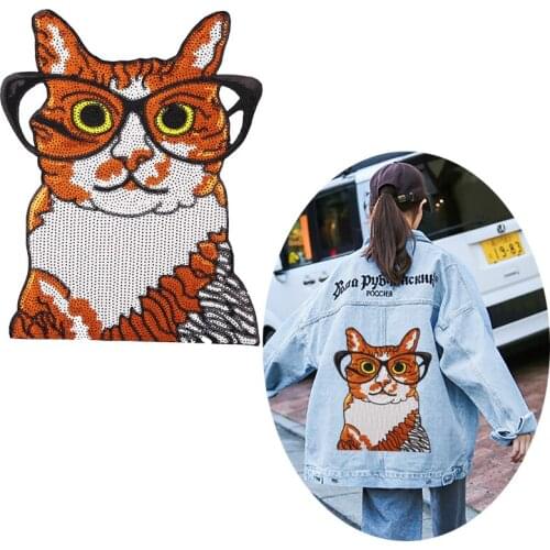 Big Cute Cat Glasses Sequins Fabric Patch Embroidered Iron on Patches For Clothing DIY Decor Clothes Stickers Applique Badges