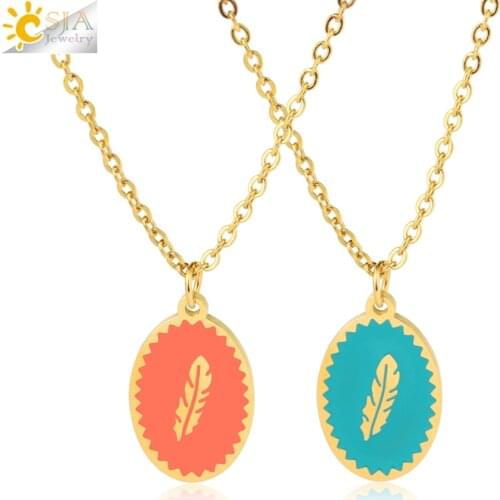 CSJA Gold Color Stainless Steel Ladies Necklaces Chain Link Feather Oval Pendant Necklace Chaine Collier Acier Inoxidable S775