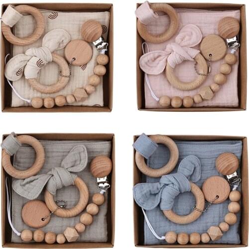Baby Bath Toy Set Wooden Rattle Infant Babyplay Cotton Comfort Towel Baby Teether Wood Ring Baby Shower Gift With Gift Box