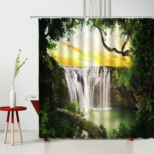 Natural Scenery Bathroom Shower Curtain Forest Deep Of Waterfall Waterproof Polyester Fabric Photography Background