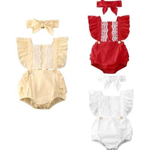 0-24M Infant Kids Baby Girls Boys Bodysuits Headband Floral Lace Ruffles Short Sleeve Jumpsuits Headband 3 Colors