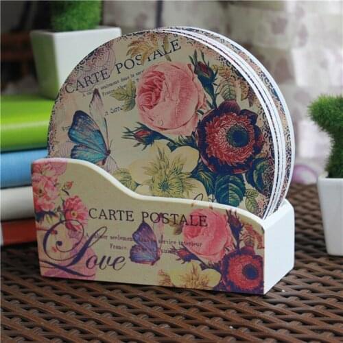 Creative gifts home decoration round 15cm 6pcs wood coasters+ box Bowl plate rose butterfly pad insulation placemat table mat