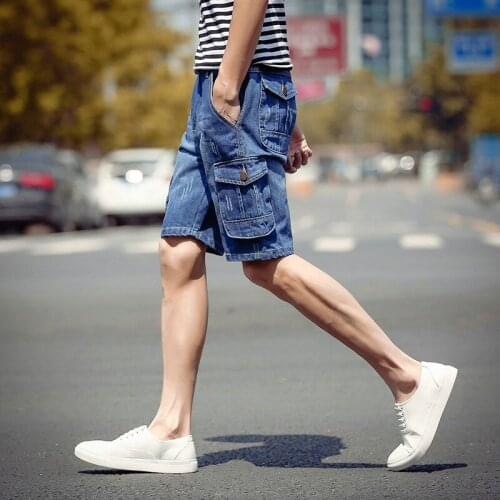 Summer Denim Shorts Mens Fat to Increase the Code Five Points Denim Shorts Pockets Pants Large Pants