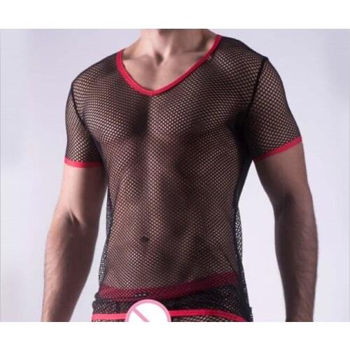Hot Men T Shirts Transparent Mesh Short Sleeve Tops Tees Sexy Man Tshirt Singlet Gay Male See Through Undershirt T-shirt