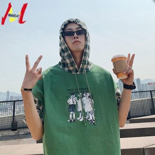 MANVALUE Summer Mens Short Sleeves Tops & Tees Hooded Stitching Plaid Printing Oversize Loose and Comfortable T-Shirts