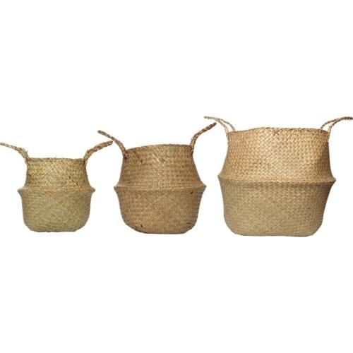 Natural Grass Handmade Foldable Flower Basket Laundry Bag Home Garden Decoration Plant Pot Storage Baskets