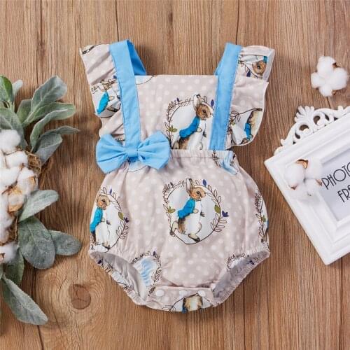 0-18M Easter Newborn Baby Girl Playsuit Cute Cartoon Rabbit Print Ruffle Sleeveless Bow Jumpsuit Romper One Piece Outfit