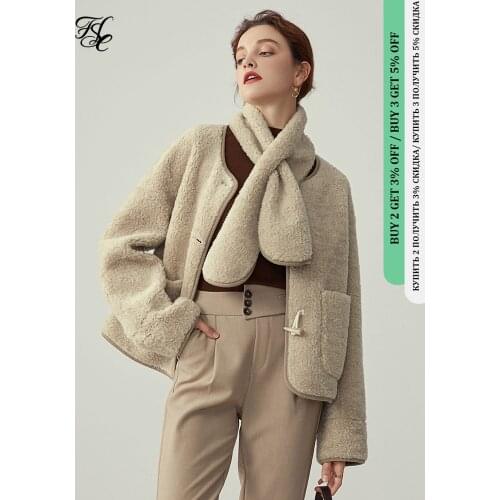 FANSILANEN Casual horn button short 100% wool coat Women scarf oversized suede jacket Female cashmere vintage winter overcoat