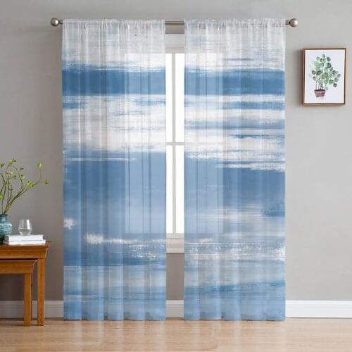 Luxury Tulle Curtains Abstract Blue Gray Texture Living Room Kitchen Chiffon Curtain Youth Bedroom Sheer Floor Valance Curtain