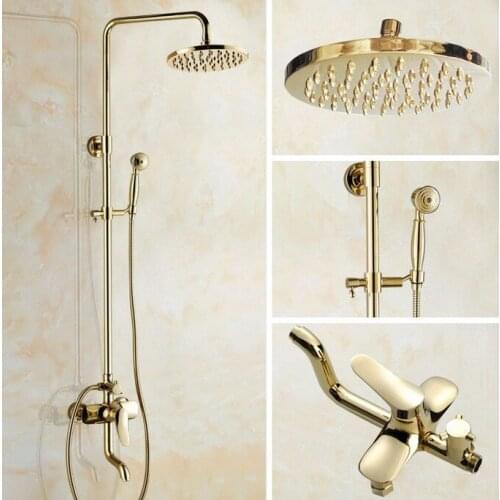 Modern Golden Brass Wall Mount 8" Rain Bathroom Rainfall Shower Faucet Set with Hand Spray Shower Head Bath Tub Mixer Tap 2gf302