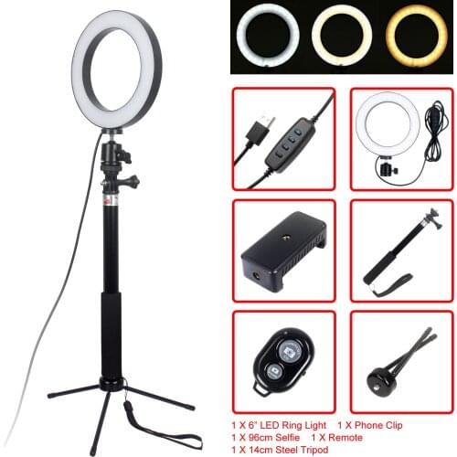 6" 16cm Dimmable LED Ring Light Video lamp Selfie light for Make Up Live YouTube with Selfie Stick Mini Tripod Remote Control