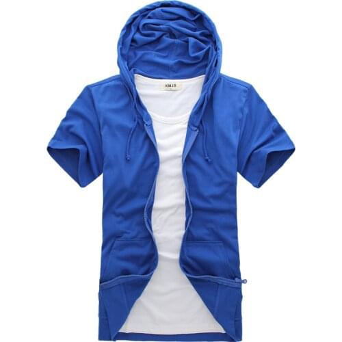 Short Sleeve Hoodie (10 colors) Stylish Casual Short Sleeve T-Shirt, Mens Summer New Solid Casual Zip Cardigan Top
