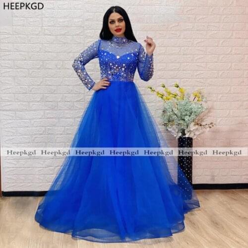 Shiny Crystals Blue Long Sleeves Evening Dress High Neck A Line See Through Tulle Special Occasion Party Prom Gowns Custom Made