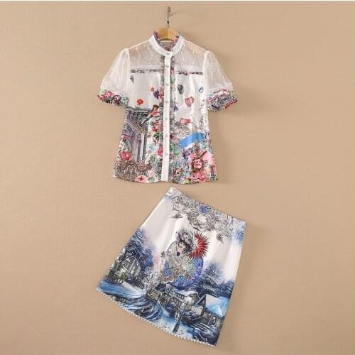 European and American womens wear for summer 2021 Short-sleeved patchwork lace shirt Printed skirt Fashion suits