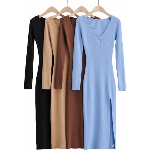 DOUJII Fashion Women Sweater Dress Long Sleeve Solid Elegant V Neck Dress Lady One Side Open Midi Dress For Female