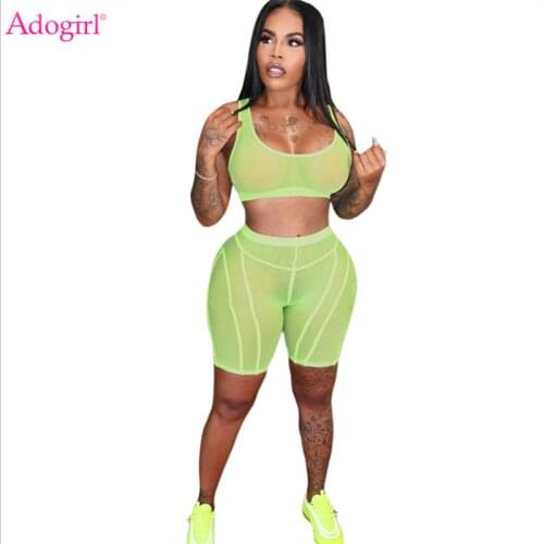 Adogirl Solid Sheer Mesh Two Piece Set Women Tracksuit Sleeveless Crop Top Tank Biker Shorts Stretchy Sportswear Club Suit