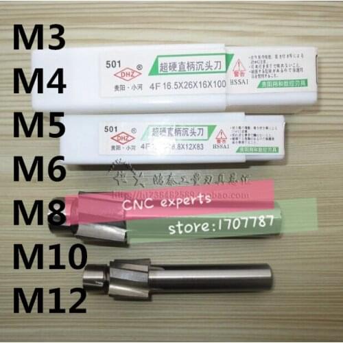 Free Shipping 7pcs 4 Flute AL HSS Counterbore End Mill M3--M12 metric Endmill/sink holes drilling head milling cutter