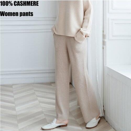 Pure 100% pure cashmere pants women winter Autumn 2019 knitted wide-leg high waist loose pants Ladies elastic waist casual