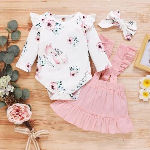 Newborn Baby Girl Clothes Floral Set Baby Clothes Fox Print Long Sleeve O-neck Romper + Pink Suspender Skirt+Bowknot Headband