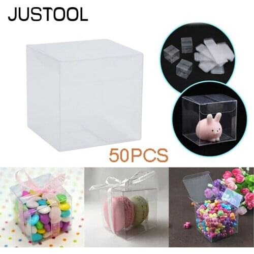 JUSTOOL 50pc Clear PVC Transparent Clear Macaron Square Cube Boxes Favor Boxes For Sweet Candy Cake Party Christmas Wedding Gift