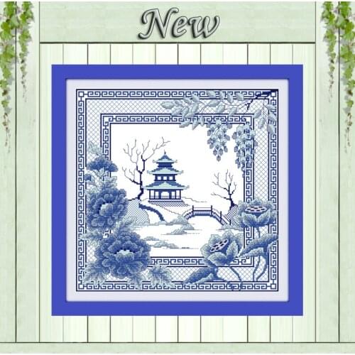 The blue porcelain view Lotus pond painting Counted printed on canvas DMC 14CT 11CT Cross Stitch Needlework kits Embroidery Sets