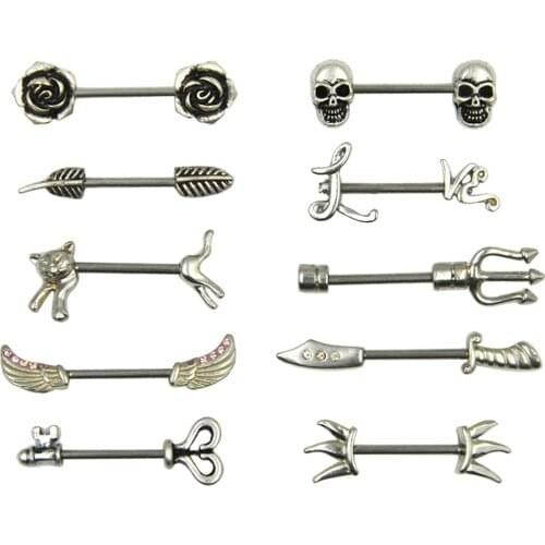 10 Pairs Stainless Steel Nipple Piercing Rings Body Jewelry Barbells-Sparrow/Cat/Skull/Rose/Key/Arrow 14g Nipplerings Bars