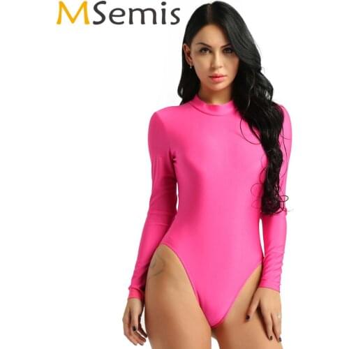 Womens Hot One Piece Leotard Lingerie Long Sleeve Sexy High Cut Thong Zipper Back Bodysuit Club Femme Stretchy Catsuit Dancewear