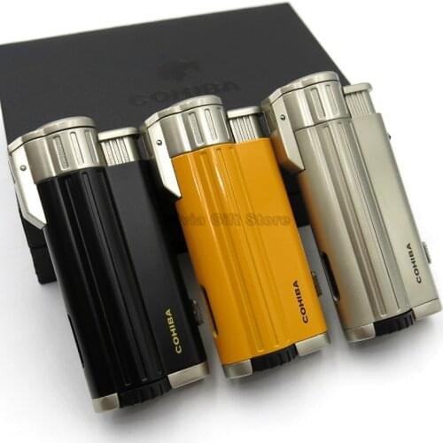 COHIBA Metal 4 Torch Flame Cigar Cigarette Lighter Butane Jet Tobacco Lighter W/Punch Gift Box Refillable Mens' Smoking Tool