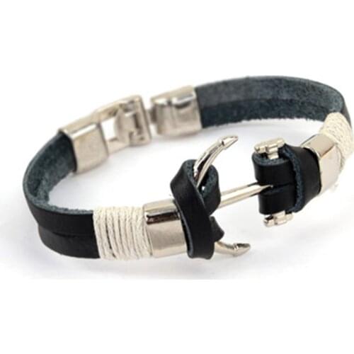 Mens Trendy Leather Rope Handmade Double Layer Rudder Bracelet Jewelry Men Punk Bangles Bracelet