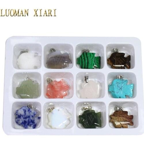 Wholesale 12 PCS Mix Color Boxed Natural Stone Goldfish Shape Charm Pendant DIY Fit Necklace For Jewelry Making DIY 12*21 mm