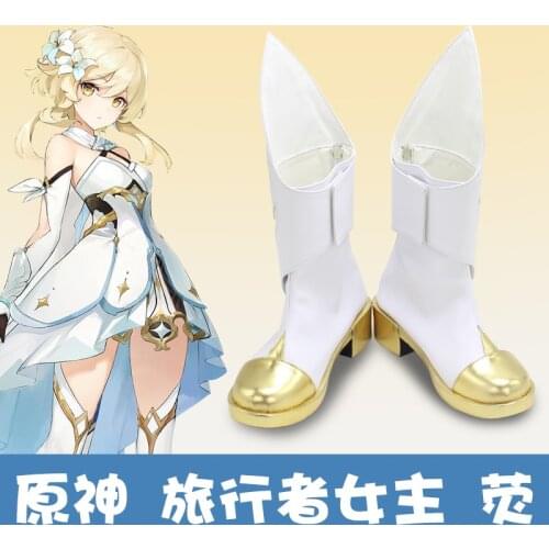 Genshin Impact Traveler Cosplay Aether Lumine Blond Wig Traveler Lumine Cosplay Costume Anime Traveler Lumine Cosplay Shoes Hair