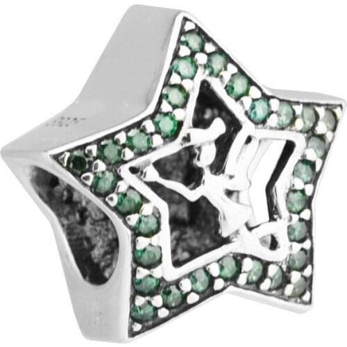 QANDOCCI 925 Sterling-Silver-Jewelry Tinker Bell Star Green Crystals Charm DIY Fits Bracelet Beads for Jewelry Making
