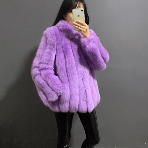 Rf20144 Womens Real Fox Fur Coat Vertical Stripes with Stand Collar Purple White