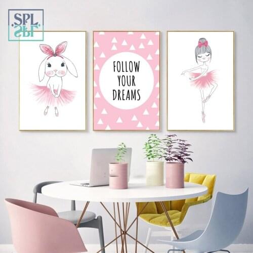 SPLSPL Follow Your Dream! Pink Girls Room Decor Posters Cartoon Quotes Art Canvas Painting Wall Picture for Living Room Decor