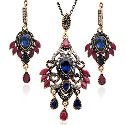 Vintage Women Turkish Leaf Jewelry Sets Antique Gold Hollow Flower Rhinestone Princess Hook Earrings Drop Necklace Ethnic Bijoux