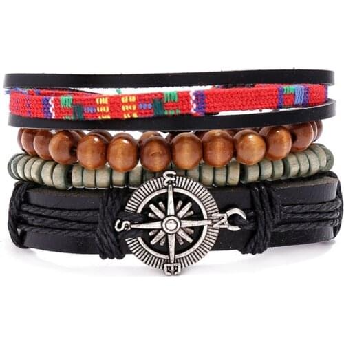 Vintage Fashion Compass Leather Bangle Adjustable Beads Lucky Bracelet Set Ethnic Charms Wristbands Man Woman Retro Jewelry Gift